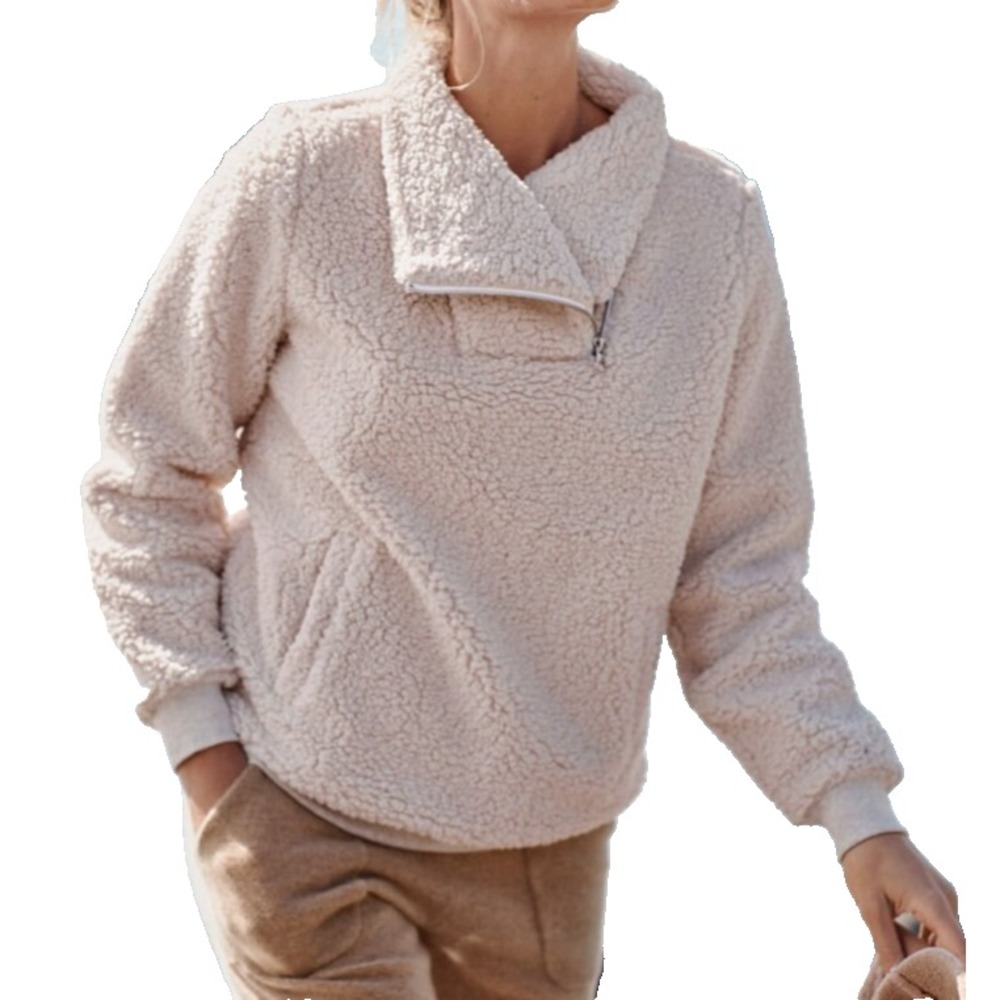 Garnet Hill Sweatshirt Recycled Sherpa Fleece Zip Neck Cream